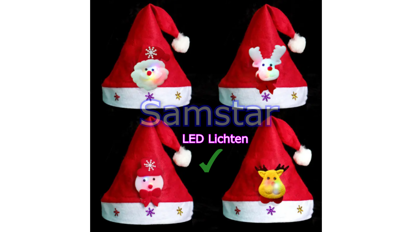 Kerst Mutsen - 4 Stuks - Met Verlichting - 28 cm - Met Kerst figuur